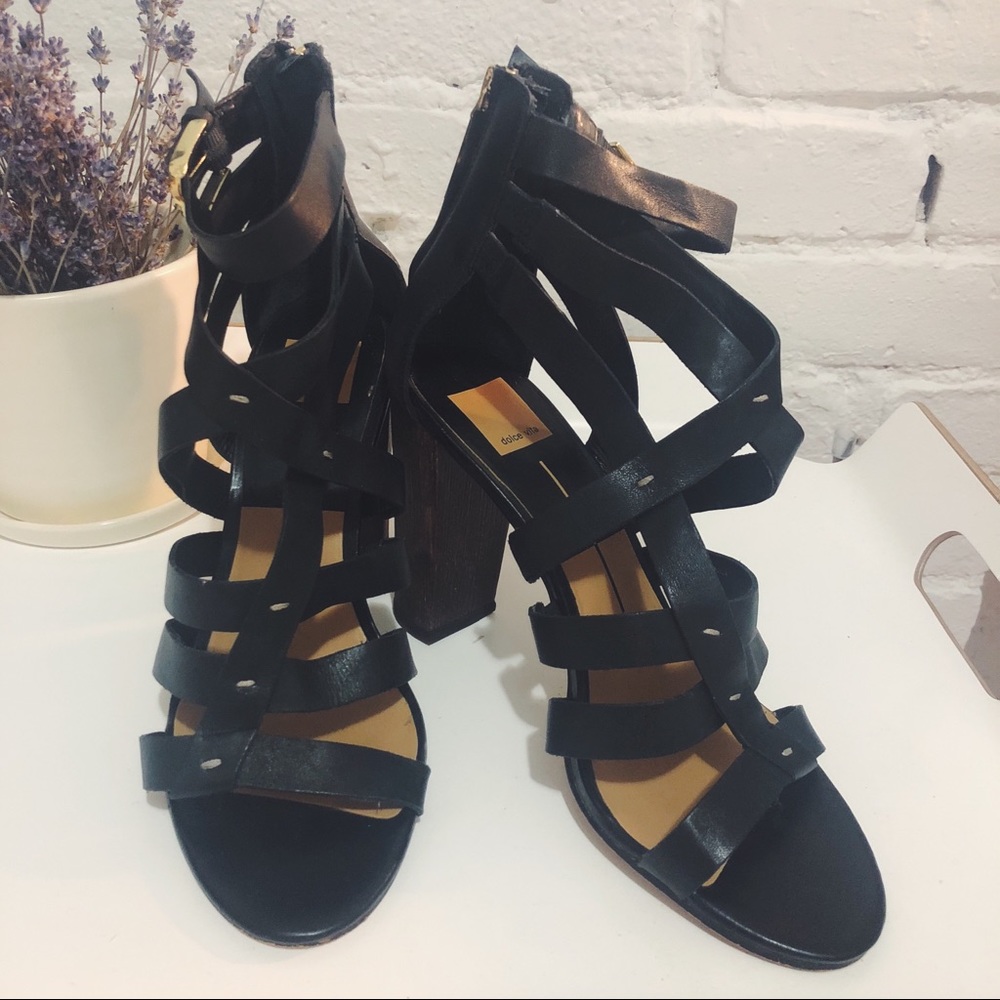 Black leather dolce vita strappy heeled sandals